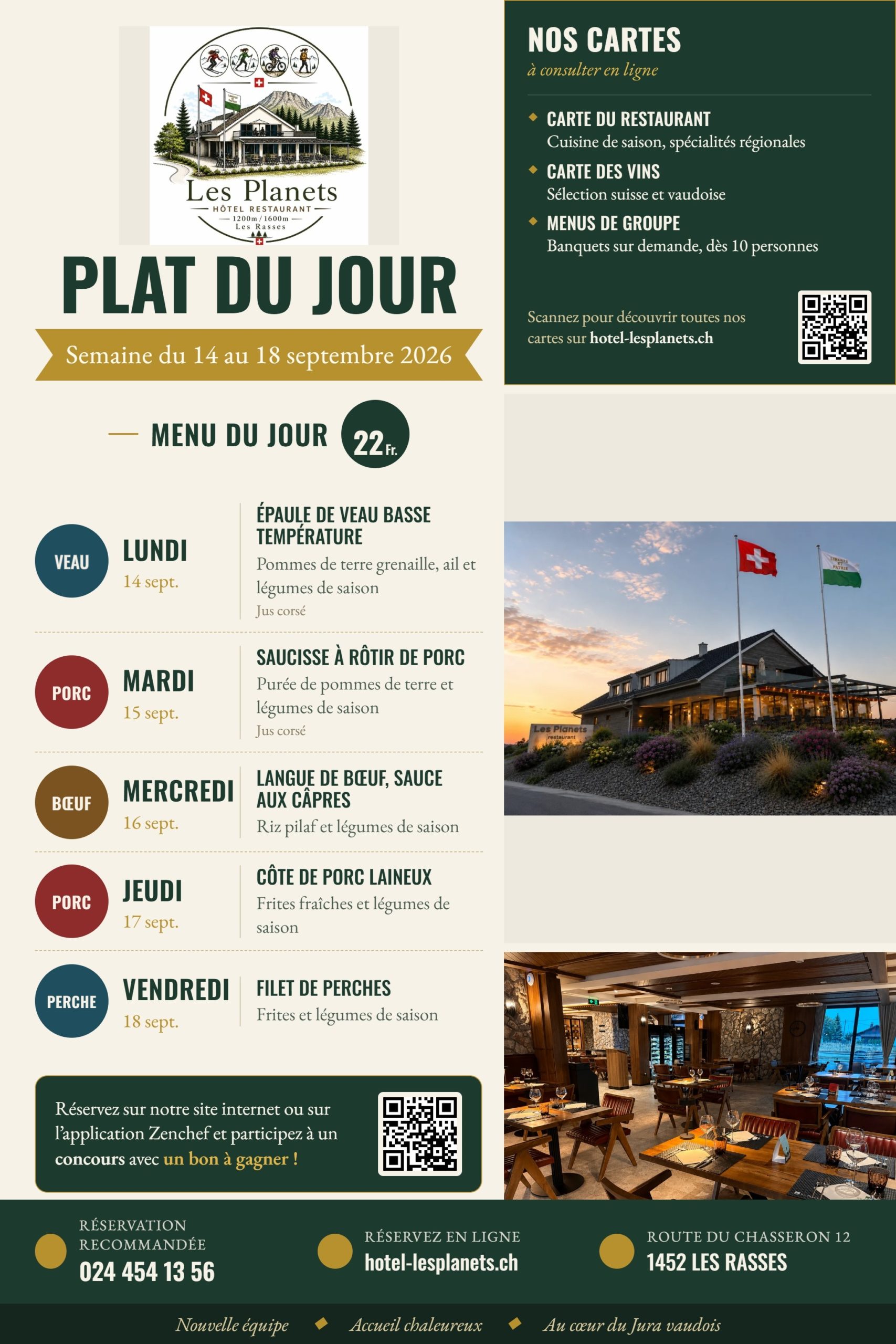 Plat du jour Restaurant Les Planets, Les Rasses - semaine du 14 au 18 septembre 2026