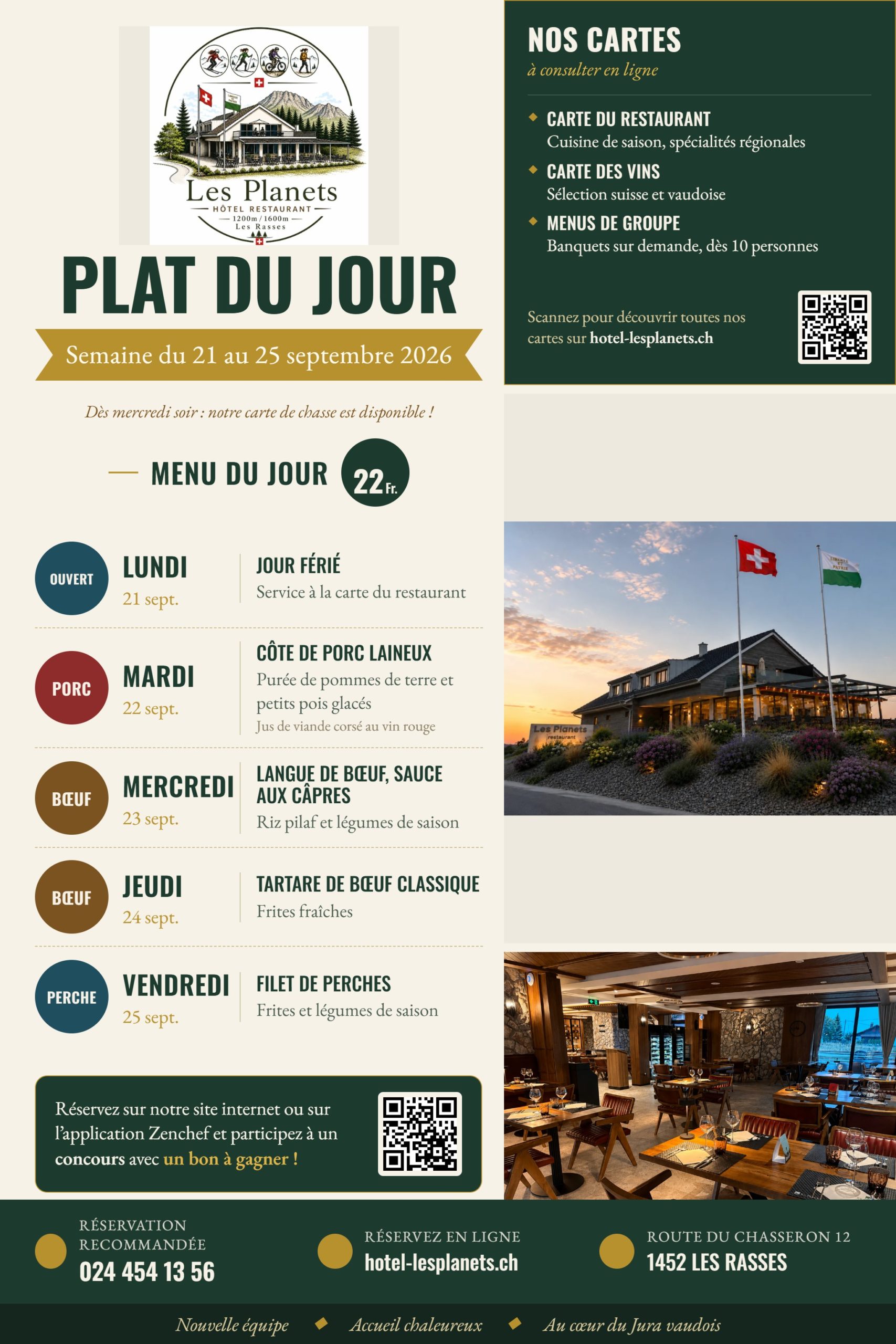 Plat du jour Restaurant Les Planets, Les Rasses - semaine du 21 au 25 septembre 2026