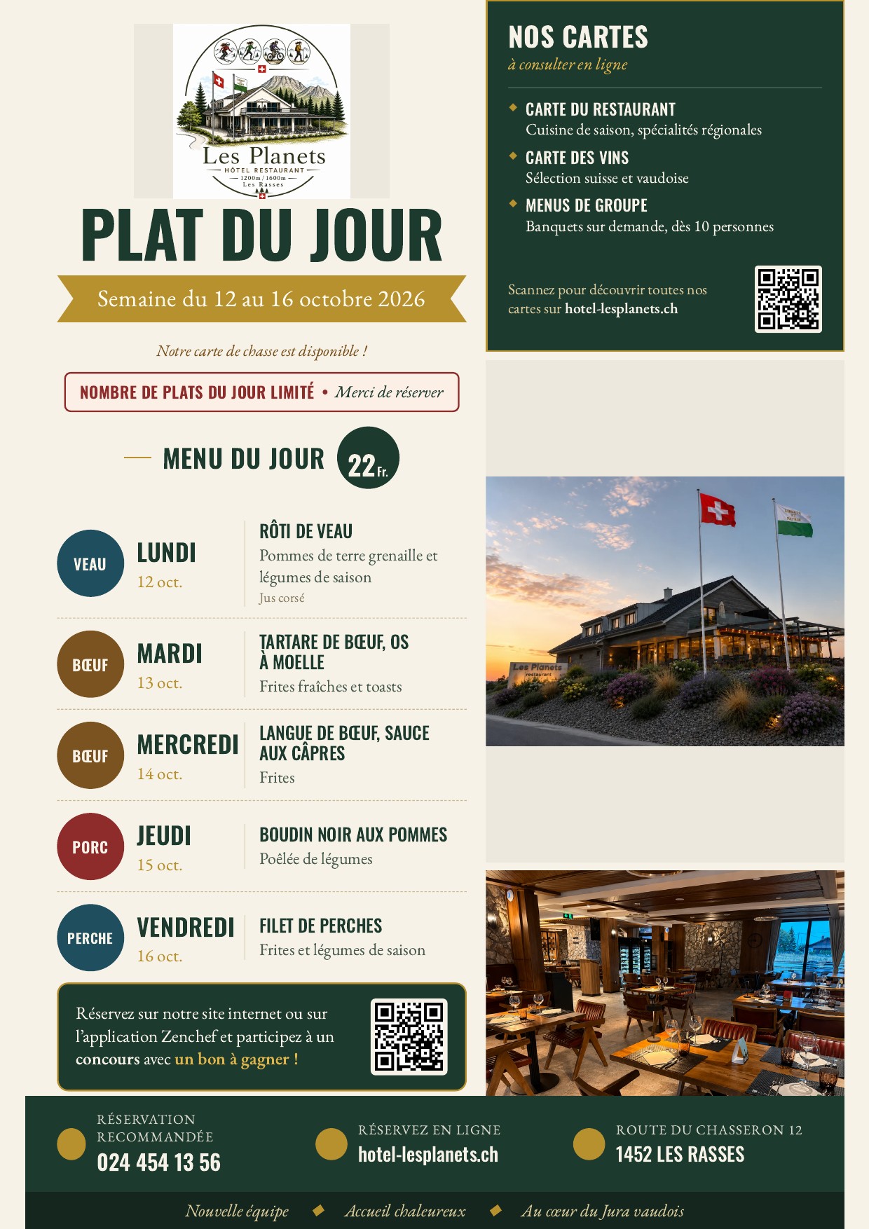 Plat du jour Restaurant Les Planets, Les Rasses - semaine du 12 au 16 octobre 2026